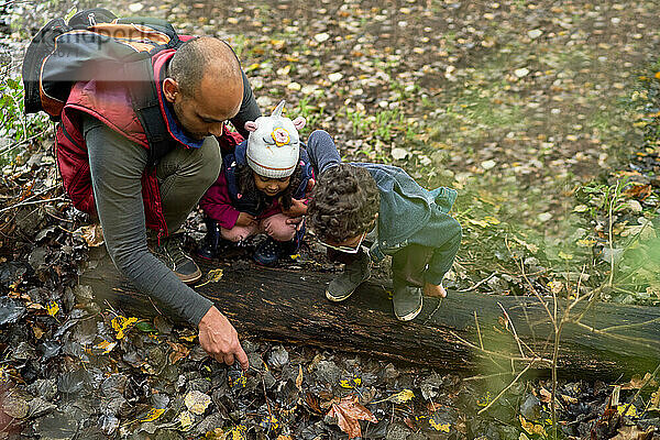 Vater und neugierige Kinder auf Wanderung im Wald
