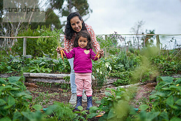 Porträt glückliche Mutter und Kleinkind Tochter ernten Karotten im Garten