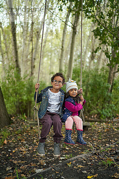Portrait süßer Bruder und Schwester auf Schaukel im Wald