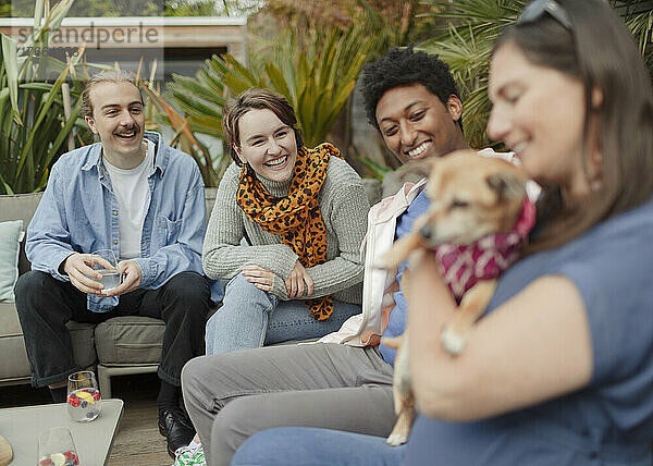 Glückliche Freunde mit Hund auf der Veranda