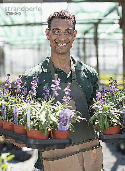 Porträt glücklicher männlicher Gartenladenbesitzer mit Tablett mit Topfblumen