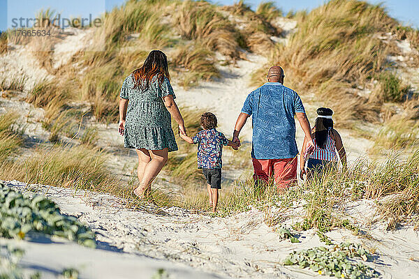 Familie hält Händchen und geht auf dem Sandstrandweg spazieren