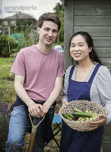 Porträt eines glücklichen Paares  das frisches Gemüse im Garten erntet