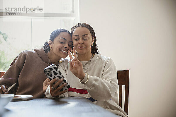 Lächelnde  coole junge erwachsene Schwestern  die ein Selfie mit dem Smartphone machen