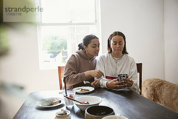 Junge erwachsene Schwestern nutzen Smartphone am Esstisch