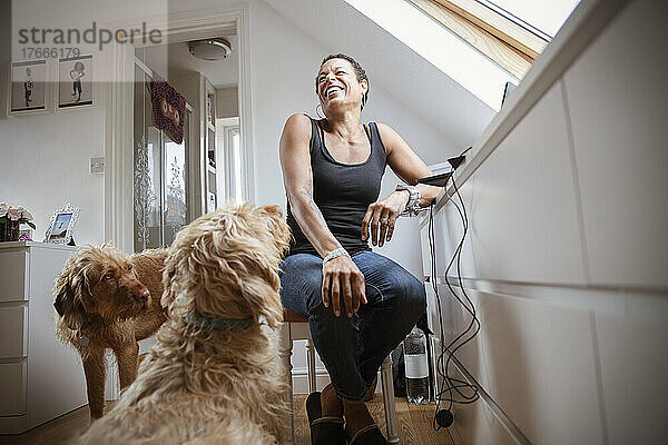 Hunde und glückliche Frau im Homeoffice