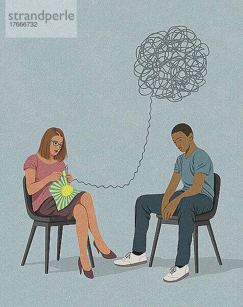 Therapeutin strickt sonniges Muster aus den verworrenen Gedanken eines depressiven Teenagers