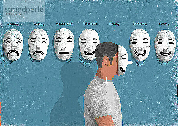 Mann mit unterschiedlicher Emotionsmaske für jeden Tag der Woche