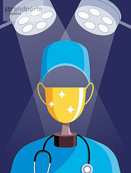 Chirurg mit goldenem Pokal in Form einer chirurgischen Maske