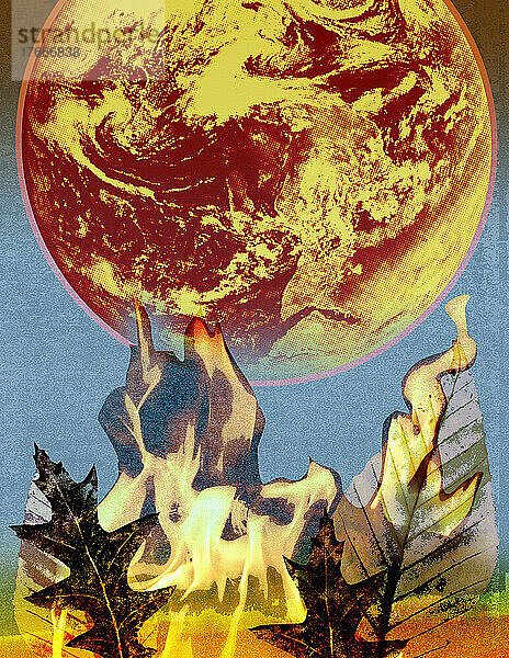 Brennendes Laub unter dem global erwärmten Planeten