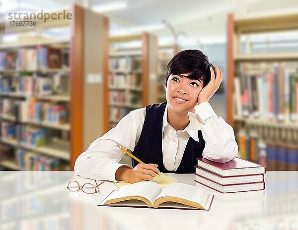 Junge Studentin  gemischtgeschlechtlich  mit Büchern und Papier  träumend in der Bibliothek  nach links schauend