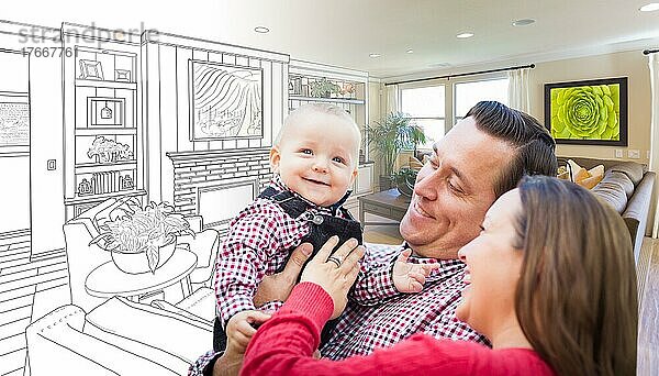 Happy young family over custom living room design drawing photo combination