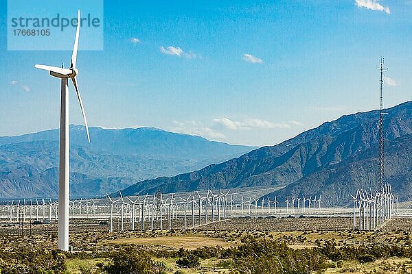 Dramatischer Windkraftanlagenpark in der Wüste von Kalifornien  USA  Nordamerika