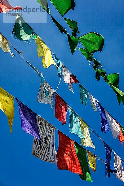 Buddhist prayer flags lungta with Om Mani Padme Hum Buddhist mantra prayer meaning Praise to the Jewel in the Lotus on kora around Tsuglagkhang complex. McLeod Ganj  Himachal Pradesh  India