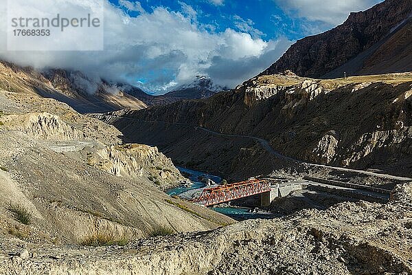 Bridge over Spiti river in Himalayas mountains. Spiti Valley  Himachal Pradesh  India