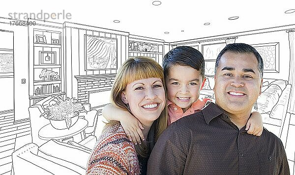 Happy young mixed-race family over custom living room drawing on white