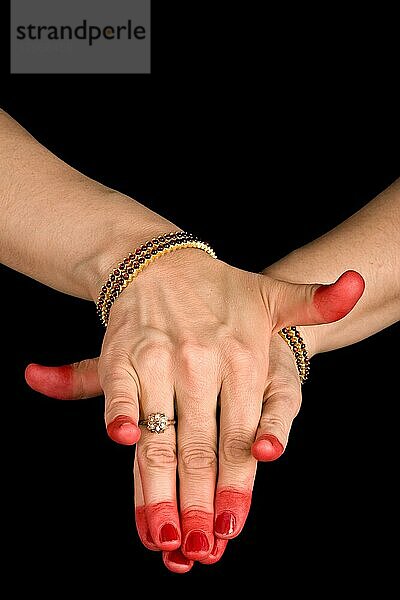 Woman hand showing Varaha hasta of indian classic dance Bharata Natyam