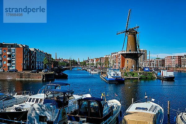 View of the harbour of Delfshaven with the old grain mill known as De Destilleerketel  Rotterdam  Netherlands