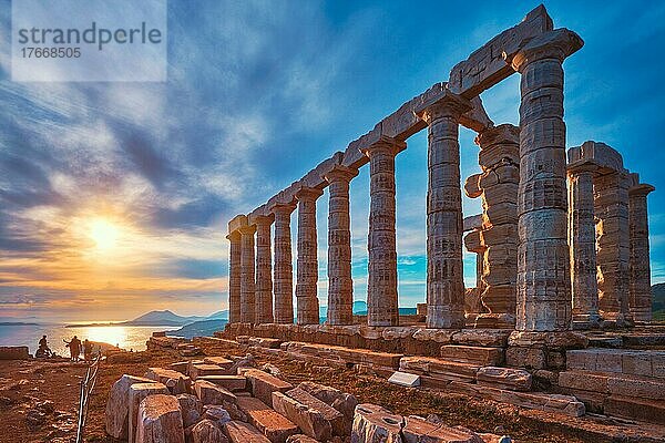 Greece Cape Sounio  Ruins of an ancient temple of Poseidon  Greek god of the sea  on sunset  Shot of temple ruins on sunset  Tourist landmark of Attica  Sounion  Greece
