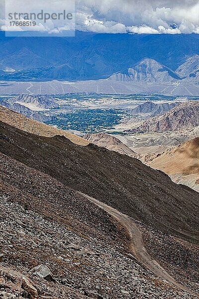 High altitude mountain road in Himalayas near Kardung La paß in Ladakh  India