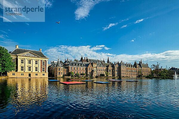View of the Binnenhof House of Parliament and Mauritshuis museum and the Hofvijver lake  The Hague  Netherlands