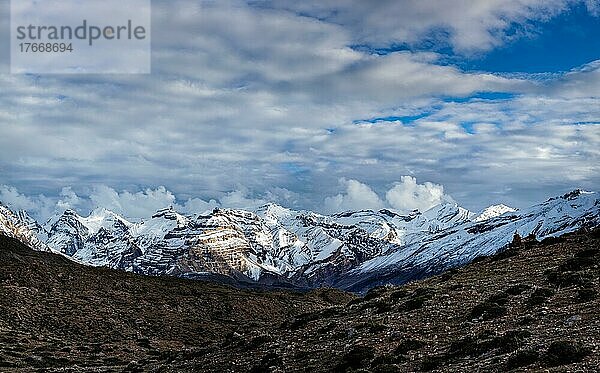 Himalayas snowcapped summit mountains in snow  Near Dhankar  Spiti Valley  Himachal Pradesh  India