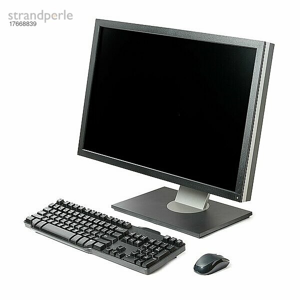 Computer workstation (monitor) (keyboard) (mouse) before white background