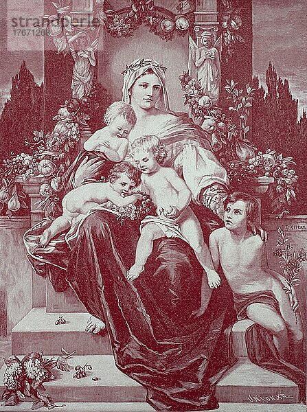 Caritas als Mutter und Heilige mit vier Kindern  nach einem Gemälde von J. Koppers  Historisch  digitale Reproduktion einer Originalvorlage aus dem 19. Jahrhundert