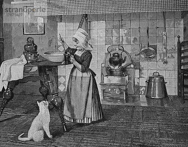 Katzenmutter  Mädchen steht mit einer Tasse Milch in der Küche  die Katze erwartet ihren Anteil  Historisch  digitale Reproduktion einer Originalvorlage aus dem 19. Jahrhundert