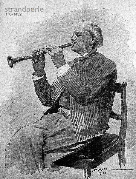 Klarinettenspieler  Mann mit einer Klarinette  Historisch  digitale Reproduktion einer Originalvorlage aus dem 19. Jahrhundert