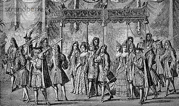 Krönungszug des König Friedrich I. von Preußen  Königin Sophie Charlotte mit Gefolge  18. Januar 1701  Historisch  digitale Reproduktion einer Originalvorlage aus dem 19. Jahrhundert