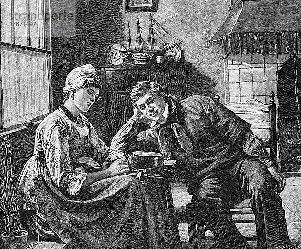 Junges Paar im Wohnzimmer  er versucht mit ihr zu flirten  Deutschland  Historisch  digitale Reproduktion einer Originalvorlage aus dem 19. Jahrhundert  Europa