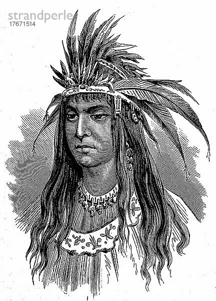 Indianerin von einem Stamm der Prärie-Indianer  Nordamerika  Historisch  digitale Reproduktion einer Originalvorlage aus dem 19. Jahrhundert