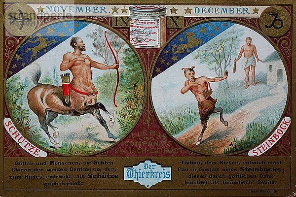 Sammelbild Serie Der Tierkreis  November und Dezember  Schütze und Steinbock  Historisch  digitale Reproduktion einer Originalvorlage aus dem 19. Jahrhundert