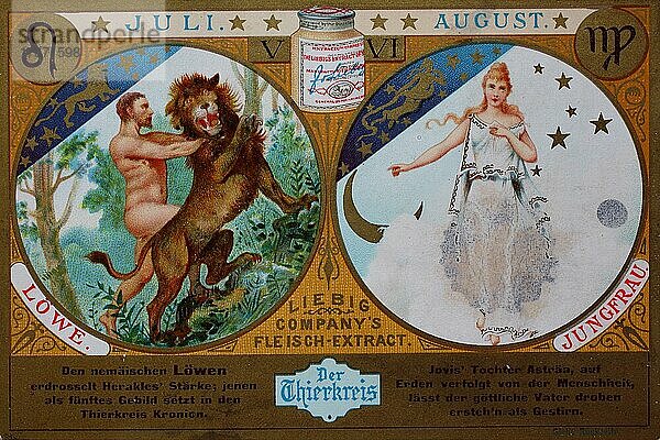 Sammelbild Serie Der Tierkreis  Juli und August  Löwe und Jungfrau  Historisch  digitale Reproduktion einer Originalvorlage aus dem 19. Jahrhundert