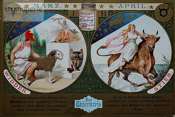 Sammelbild Serie Der Tierkreis  März und April  Widder und Stier  Historisch  digitale Reproduktion einer Originalvorlage aus dem 19. Jahrhundert