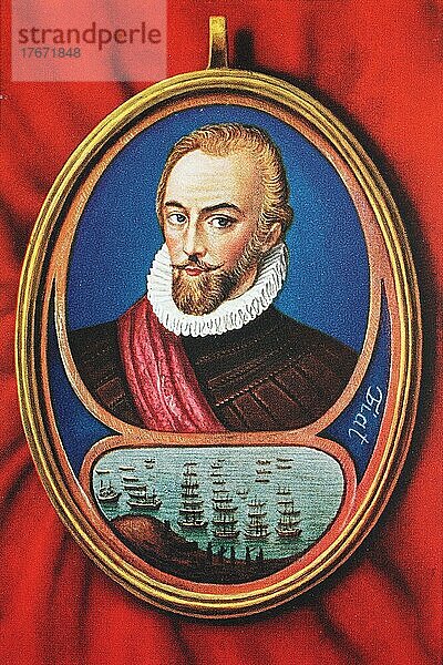 Sir Walter Raleigh  1554  29. Oktober 1618  war ein englischer Landherr  Schriftsteller  Dichter  Soldat  Politiker  Höfling  Spion und Entdecker  Historisch  digitale Reproduktion einer Originalvorlage aus dem 19. Jahrhundert