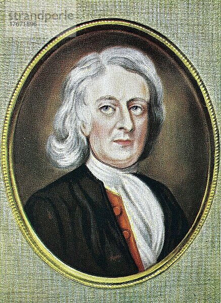 Sir Isaac Newton  25. Dezember 1642  20. März 1726  war ein englischer Mathematiker  Astronom  Theologe  Autor und Physiker  der zu seiner Zeit als Naturphilosoph beschrieben wurde  Historisch  digitale Reproduktion einer Originalvorlage aus dem 19. Jahrhundert