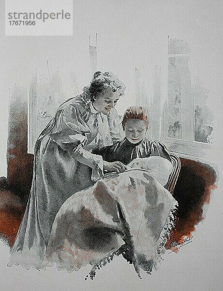 Der Sohn und der Erbe  die Mutter und die Großmutter mit einem Baby  1881  Deutschland  Historisch  digitale Reproduktion einer Originalvorlage aus dem 19. Jahrhundert  Europa