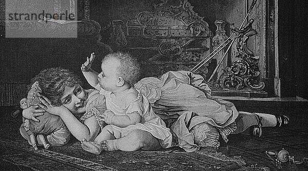 Ein Kind und ein Baby spielen zusammen mit einer Puppe im Raum auf dem Boden  1886  History  digitale Reproduktion einer Originalvorlage aus dem 19. Jahrhundert