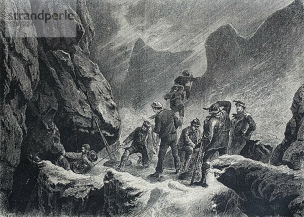 Bergsteiger beim Hinausseilen in einem Kamin  schwierige Situation im Gebirge  1880  Schweiz  Historisch  digital restaurierte Reproduktion einer Originalvorlage aus dem 19. Jahrhundert  Europa