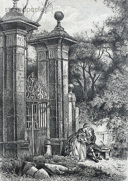 Liebespaar vor der Pforte zu einem Park  sitzen auf einer Bank und sehen sich an  1880  Frankreich  Historisch  digital restaurierte Reproduktion einer Originalvorlage aus dem 19. Jahrhundert  Europa