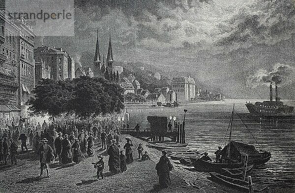 Ein Sommerabend im Jahre 1880 in Luzern am See  Schweiz  Historisch  digital restaurierte Reproduktion einer Originalvorlage aus dem 19. Jahrhundert  Europa