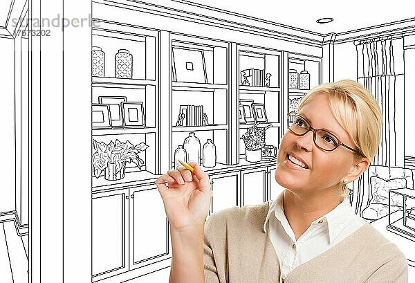 Young woman over custom built-in shelves and cabinets design drawing