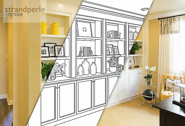 Custom built-in shelves and cabinets design drawing with cross section of finished photo