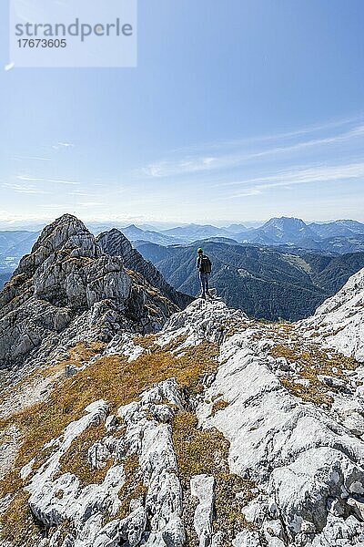 Wanderer mit Kletterhelm  auf Wanderweg an einem Grat  Ausblick auf Berglandschaft  hinten Gipfel des Seehorn  Nuaracher Höhenweg  Loferer Steinberge  Tirol  Österreich  Europa