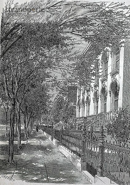 Blick auf eine Hauptstraße von Chicago im Jahre 1890  wo sich die Privathäuser befinden  USA  Historisch  digital restaurierte Reproduktion einer Vorlage aus dem 19. Jahrhundert  genaues Datum unbekannt  Nordamerika