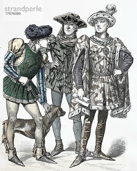 Volkstracht  Kleidung  Geschichte der Kostüme  Karl der Kühne  Jagddress  Burgund  Frankreich  1450  digital restaurierte Reproduktion einer Vorlage aus dem 19. Jahrhundert  genaues Datum unbekannt  Europa