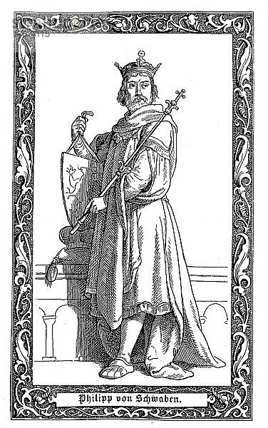 Philipp von Schwaben  1177-1208  Adelsgeschlecht der Staufer  von 1198 bis zu seiner Ermordung 1208 römisch-deutscher König  Historisch  digital restaurierte Reproduktion einer Vorlage aus dem 19. Jahrhundert  genaues Datum unbekannt