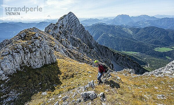 Wanderer mit Kletterhelm  auf Wanderweg an einem Grat  Ausblick auf Berglandschaft  hinten Bergkamm mit Gipfel des Seehorn  Nuaracher Höhenweg  Loferer Steinberge  Tirol  Österreich  Europa